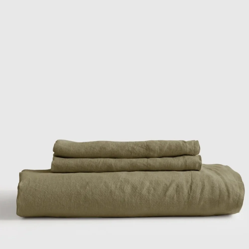Quince 100% Linen Aloe Fitted Sheet & 2 Pillowcases Set! King (1233)